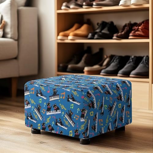 Black Cat Piano Ottoman Covers Rectangle Footrest Slipcovers, Universal Square Stool Cover with Elastic Bottom Washable Footstool Cover Ottoman Foot Stool Protector - color: Black Cat Piano, size: Medium