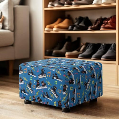 Black Cat Piano Ottoman Covers Rectangle Footrest Slipcovers, Universal Square Stool Cover with Elastic Bottom Washable Footstool Cover Ottoman Foot Stool Protector - color: Black Cat Piano, size: Large