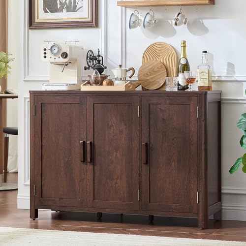Joaxswe Walnut Sideboard Buffet Cabinet, 46" Arc-Shaped Storage Credenza | 3 Doors & Adjustable Shelves, Stable Leg Base, Mid Century Modern Coffee Bar Cabinet for Kitchen, Living Room, Entryway - color: Walnut, size: 3 door