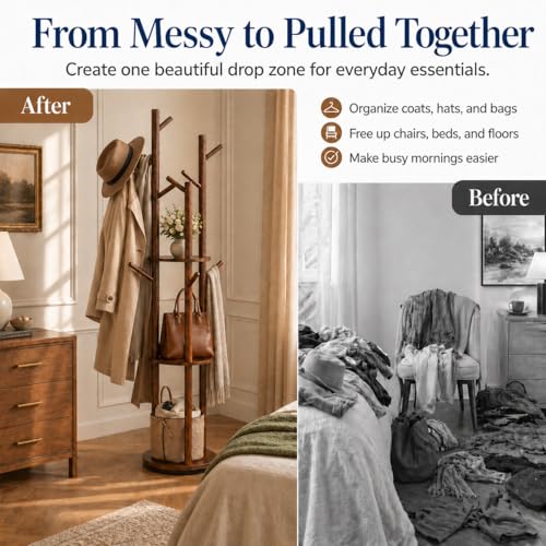 Solid Wood Rotating Coat Rack Freestanding, 360° Coat Tree with 3 Shelves & 9 Hooks, Heavy Duty Rubberwood Coat Hanger Stand, Hat Rack Hall Tree for Entryway Bedroom Office Hallway, Walnut