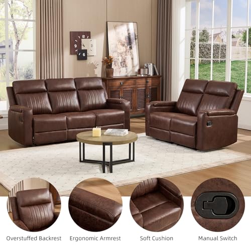 Manual Faux Leather Loveseat and Recliner Sofa Set, Wall-Hugger Reclining Living Room Furniture Set, 2-Seater Recliner Chair, 3-Seat Reclining Sofa Couches for Living Room, Villa, R-Brown, 2+3 - color: Red Brown, size: 58"W+79"W（2+3）
