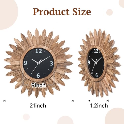 Large Wall Clock Battery Operated 21 in Rustic Wood Boho Sunburst Decorative Wall Clock Silent Non Ticking Farmhouse Wall Clocks for Living Room Bedroom Kitchen Bathroom Decor (Rustic Brown) - color: Rustic Brown, size: 21 inch