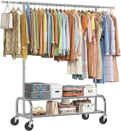 Simple Trending Heavy Duty Clothes Rack, Garment Rack with Extendable Side Rods & Bottom Shelves, 25mm Metal Clothing Rack with Wheels, Bedroom, Laundry Room, Silver - size: 18"D x 60.5"W x 67.25"H