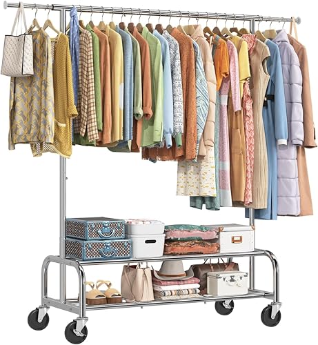 Simple Trending Heavy Duty Clothes Rack, Garment Rack with Extendable Side Rods & Bottom Shelves, 25mm Metal Clothing Rack with Wheels, Bedroom, Laundry Room, Silver - size: 18"D x 60.5"W x 67.25"H