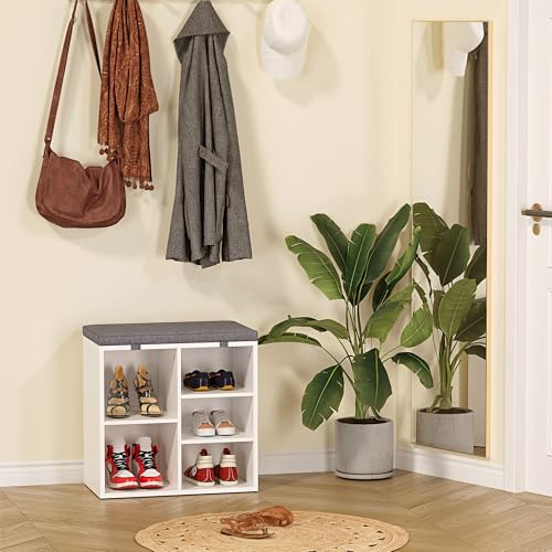 GarveeLife Shoe Storage Bench with Cushion, 3-Tier Adjustable Shelf Shoe Cabinet, Small Shoe Rack Bench for Hallway, Living Room, Bedroom and Closet(White, 20 Inches)