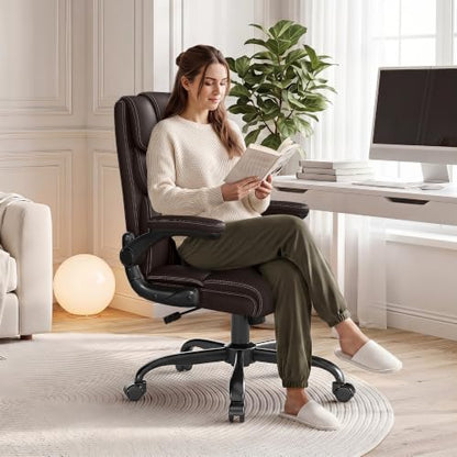 Office Chair, Executive Mid-Back Computer Desk Chair with Flip-up Armrests | 300 Lbs Ergonomic Leather Swivel PC Chair with Rock Function for Working Studying (Coffee) - color: Coffee