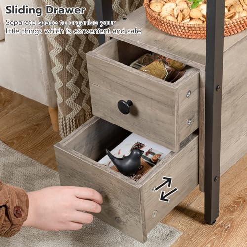 HOOBRO End Table with Charging Station, Narrow Side Table with 2 Drawers & USB Ports & Power Outlets, Nightstand for Small Spaces, Bedroom, Living Room, Stable and Sturdy, Greige and Black BG541BZ01 - color: Greige + Black