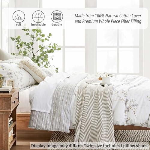 LEMIROE Vintage Botanical White Cotton Comforter Twin Size - Elegant Gray Flowers and Taupe Branches on White, Light Gray Striped Back, 2PC Lightweight Bedding Set with Soft Alternative Fill - color: Botanical & Striped - White & Gray, size: Twin/Twin XL(