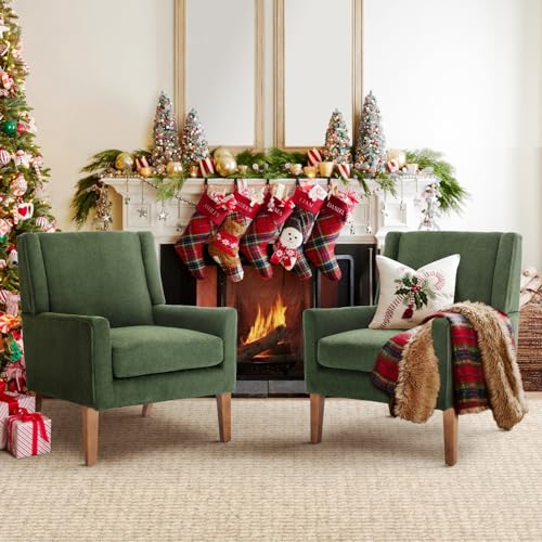 COLAMY Modern Wingback Living Room Chair Set of 2, Upholstered Fabric Accent Armchair, Single Sofa Chair with Lounge Seat and Wood Legs for Bedroom/Office/Reading Spaces, Green - color: Green, size: Set of 2
