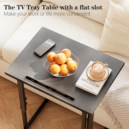 Adjustable Height Tv Tray Table,Portable Folding Tv Tray Dinner Snack Trays Table,Small Foldable C-Shaped End Table for Eating,Slide Under Couch Side with Sturdy MDF Top,No Assembly(Black+Black) - color: Black+black