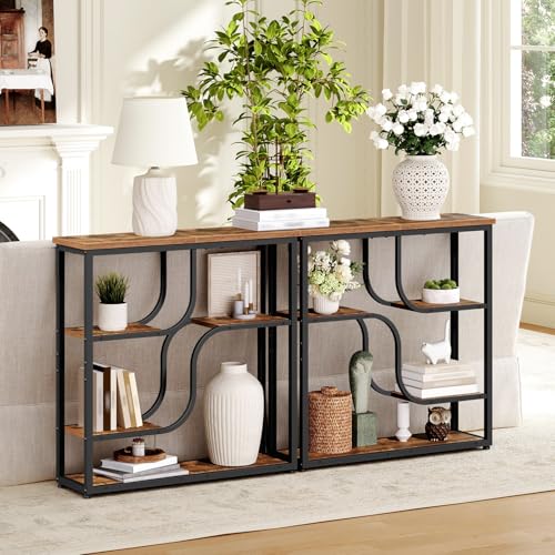 HOOBRO 29.5" Console Table, 5-Tier Narrow Entryway Table, Behind Couch Table with Storage Shelves, Sofa Table for Hallway, Living Rooms, Entryway, Rustic Brown and Black BF69XG01 - color: Rustic Brown + Black