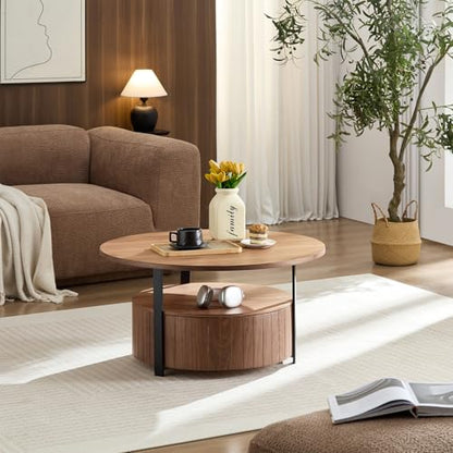 33 Inch Round Wood Coffee Table with Storage, Fluted Coffee Tables with 2 Tiers, Mid-Century Modern Center Table with a Single Drawer for Living Room - color: 33.07" 2 Tier-walnut