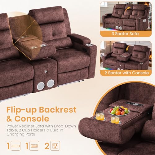 Power Reclining Loveseat with Flip Backrest, Power Loveseat Recliner Sofa with LED Lights, Bluetooth Speaker, 3-Seater Recliner Sofa with Arm/Seat Storage (Brown, Loveseat with Console) - color: Brown, size: Loveseat with Console