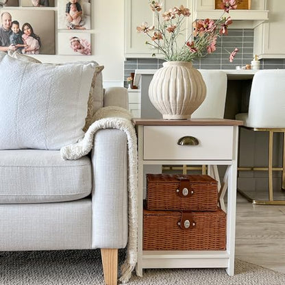 PHI VILLA End Table Living Room Set of 2, White Bedside Table with Drawers | Wood Side Table with Drawer, Farmhouse Bed Side Tables Living Room, Rustic Nightstand for Bedroom, Small Couch Table - color: Ivory 1
