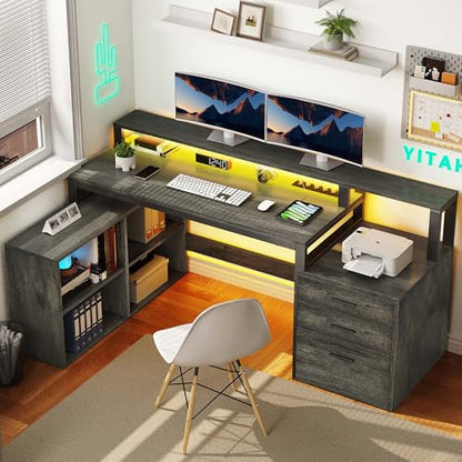 YITAHOME L Shaped Desk with 3 Drawers | 3 Drawers, Power Outlets & LED Lights, File Cabinet & Printer Stand, For Home Office - color: Grey