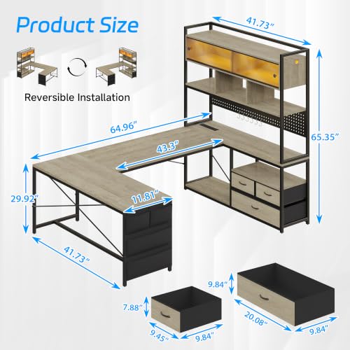 busyeah U-Shaped Gaming Desk with Storage Shelves & 3 Drawers, Oak Gray | Reversible Computer Desk with LED Lights & Charging Station, Gaming Desk with Hutch and Pegboard for Home Office, Gamers - color: Oak Gray