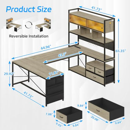 busyeah U-Shaped Gaming Desk with Storage Shelves & 3 Drawers, Oak Gray | Reversible Computer Desk with LED Lights & Charging Station, Gaming Desk with Hutch and Pegboard for Home Office, Gamers - color: Oak Gray