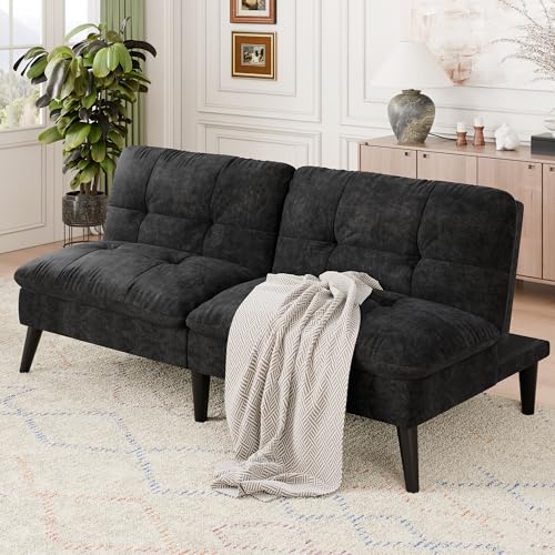 Vongrasig Futon Sofa Bed Velvet Futon Couch with Adjustable Backrest, Small Convertible Folding Sleeper Sofa Bed, Modern Loveseat for Living Room, Bedroom and Small Space, Black - color: Black