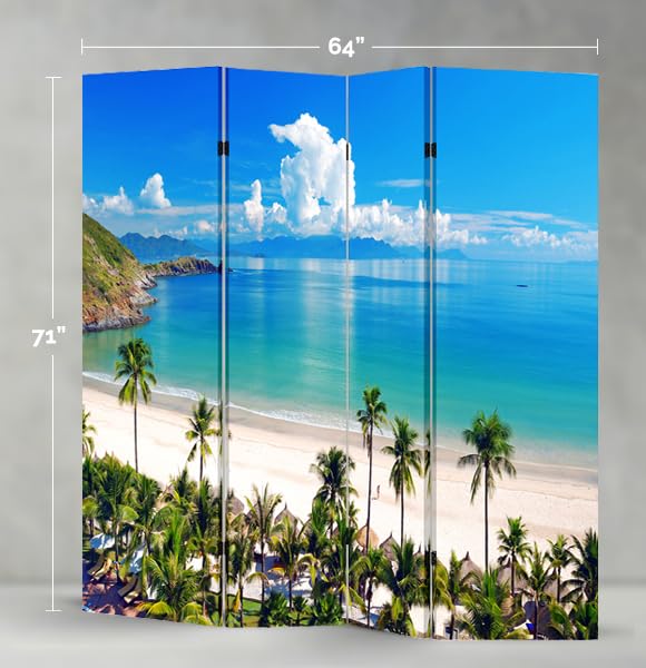 TOA 4 Panels Privacy Screen Room Divider Partition with Beach Hut Canvas, Water Resistant for Living Room, Bathroom, Home Office or College Dorm, Wood Frame