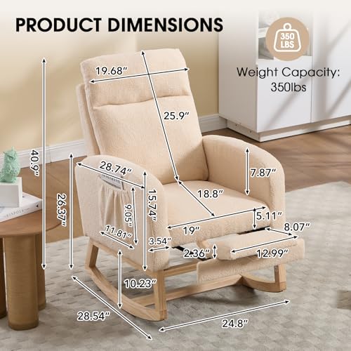 Rocking Chair Nursing, Rocker Chair with Footrest (Cream) | Teddy Boucle Upholstered Accent Reading Chair with High Back & Side Pocket for Living Room Bedroom Nursery Office - color: Cream