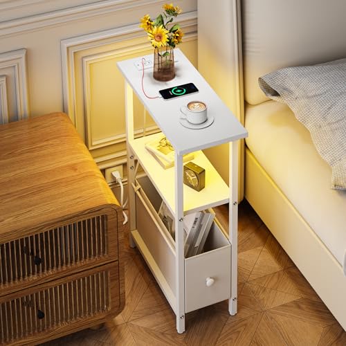 Narrow Side Table with Charging Station and LED Light, Skinny End Table for Small Spaces, Thin Sofa Side Table with 1 Fabric Drawer, Slim Nightstand for Living Room, Bedroom, White - color: White, style: Plug & LED