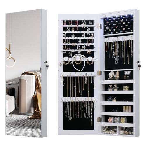 LED Jewelry Cabinet Armoire Organizer,Wall/Door Mount Jewelry Organizer and Storage with Full-Length Mirror Hanging Jewelry Organizer Full Length Mirror with Storage Large Capacity White - color: Off White, size: 43.3*14.6 LED Mirror