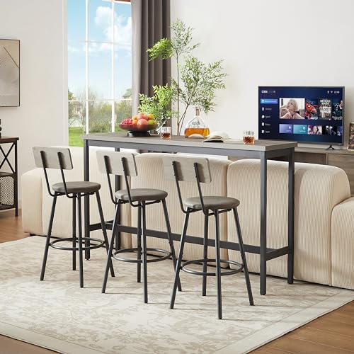 63” Long Bar Table Set for 3, Counter Height Industrial Pub Table with 3 PU Upholstered Bar Stools, Space-Saving Kitchen Breakfast Table and Chairs for Small Spaces, Rustic Gray and Black - color: Grey, style: Long bar table with stools/bar table set for
