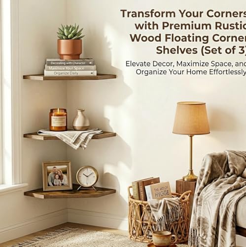 SUYU Set of 3 Floating Corner Shelves, 11.8" Rustic Wood Corner Shelf Wall Mounted, L-Shaped Corner Wall Shelf for Bathroom, Bedroom, Living Room, Kitchen, Office Organizer, Rustic Brown