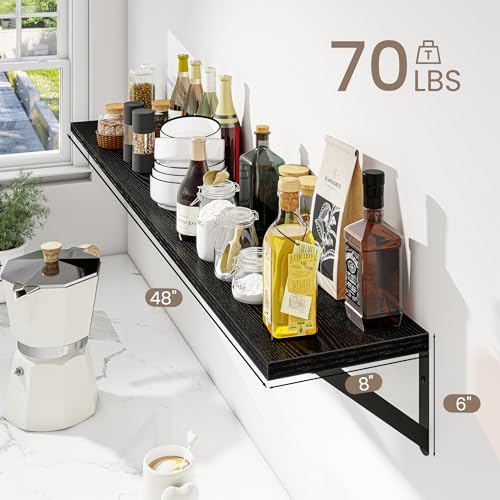 Dreamland Wall Mounted Floating Shelves Set of 2, 48x8, Black | Engineered Wood, Visible Bracket, Large Storage, Hold Up to 70lbs, Living Room, Bathroom, Bedroom, Kitchen - color: Black, size: 48"W x 8"D