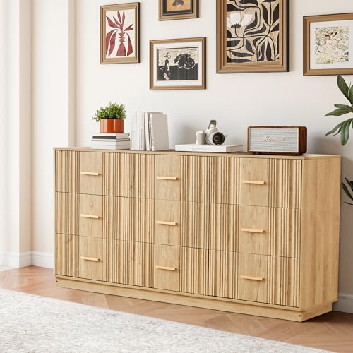 Fluted 9 Drawer Dresser,59"Wide Modern Chest of Drawers with Sturdy Base,Wood Closet Organizers,TV Stand,Storage Dresser with 9 Deep Drawers for Bedroom Living Room Hallway Entryway Nursery(Natural) - color: 9 Drawer Dresser Natural