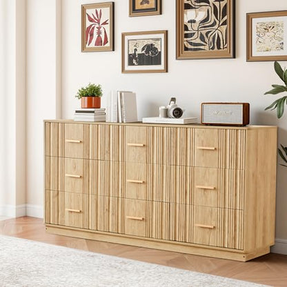 Fluted 9 Drawer Dresser,59"Wide Modern Chest of Drawers with Sturdy Base,Wood Closet Organizers,TV Stand,Storage Dresser with 9 Deep Drawers for Bedroom Living Room Hallway Entryway Nursery(Natural) - color: 9 Drawer Dresser Natural