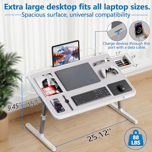 Potuopy Adjustable Laptop Lap Desk, Foldable Bed Table Tray Fit 17" Laptops | Portable Lap Desks for Adults with 8 Heights & Tilt & Storage, Computer Laptop Stand for Painting & Writing on Couch Recliner - color: Gray