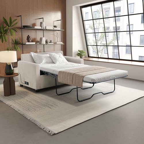 Serta® Darnold 53.5" Pull-Out Sleeper Loveseat, Twin Size, Dreamcoil® Comfort, Memory Foam Pull-Out Mattress, USB-C and USB-A Power Ports, Soft Corduroy Fabric, Beige - color: Beige