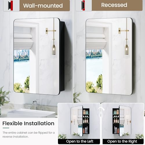 16x24 Black Medicine Cabinet with Mirror, Recessed & Surface Mount | Bathroom mirror with storage: 6 adjustable shelves fit tall bottles; DTC soft-close hinges; rust-resistant aluminum - size: 16" x 24"