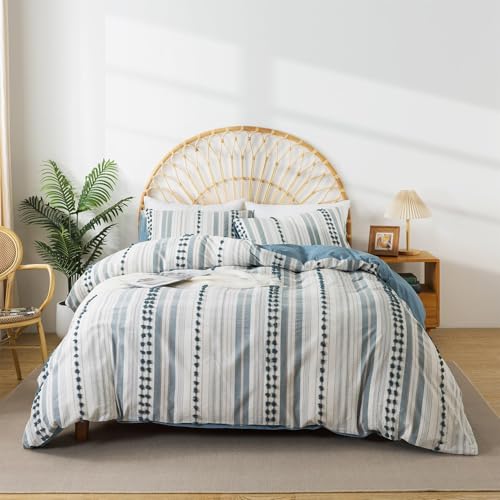 Washed Cotton Full Size Duvet Cover Set - Tufted Dots Boho Chic Bedding for All Seasons, Striped Bohemain Bedding Linen Like Textured Breathable Durable Soft Comfy (Blue, 89''x90'') - color: Blue, size: Full