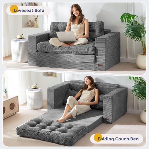 MAXYOYO Folding Sofa Bed, Convertible Sleeper Loveseat with Pillows | 2-Person Fold-Out Loveseat, Convertible Sleeper Bed with Supportive Pillows for Relaxing or Overnight Guests, Dark Grey - color: Dark Grey