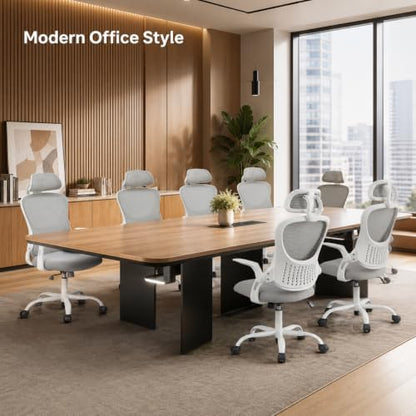 Grey Ergonomic Office Chair, High Back Mesh Desk Chair with Adjustable Headrest Lumbar Support, Computer Chairs with Flip-up Armrests and Thickened Cushion for Adults Home Office, 360° Swivel - color: Grey With Headrest