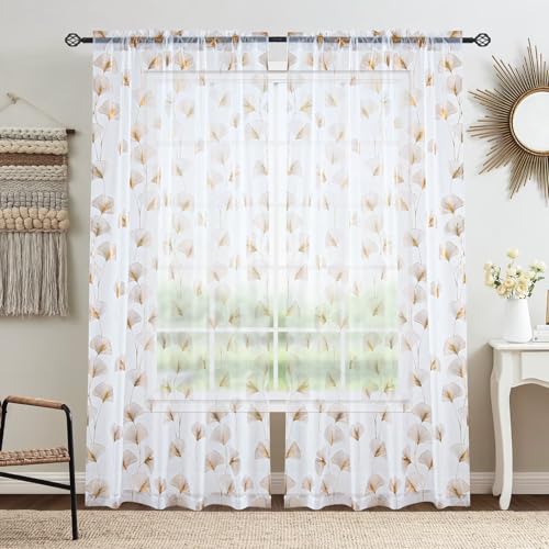 Gold Foil Print Sheer Curtains 96 inches Long, 2 Panels Ginkgo Bronzing Treatment Sheer Curtain, Rod Pocket Window Treatment Panels for Bedroom Living Room - color: Ginkgo/Gold/White, size: 42"W x 96"L (Pack of 2)