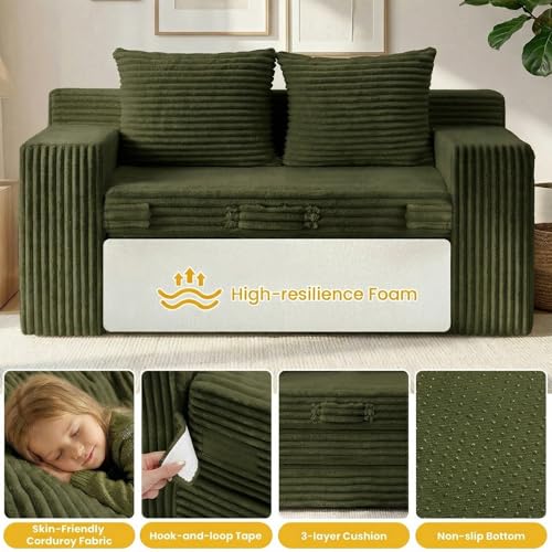 Boneless Loveseat Sleeper Sofa Bed: 3-in-1 Convertible Sofa Bed with Side Pockets & Handle,Pull Out Couch with 2 Pillows,Folding Futon for Small Space,Living Room & Bedroom,Green - color: A-green, size: 2 Seater Sofa