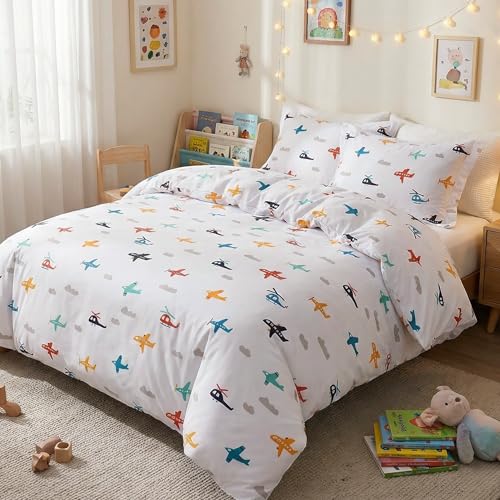 JSD Airplane Kids Duvet Cover Set Twin Size | 2 Piece Soft Printed Microfiber Duvet Cover with Pillow Sham Zipper Closure, Comforter Not Included, Oeko-Tex Certified - color: Airplane, size: Twin