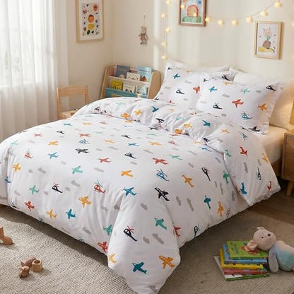 JSD Airplane Kids Duvet Cover Set Full Size | 3 Piece Soft Printed Microfiber Duvet Cover with Pillow Shams Zipper Closure, Comforter Not Included, Oeko-Tex Certified - color: Airplane, size: Full