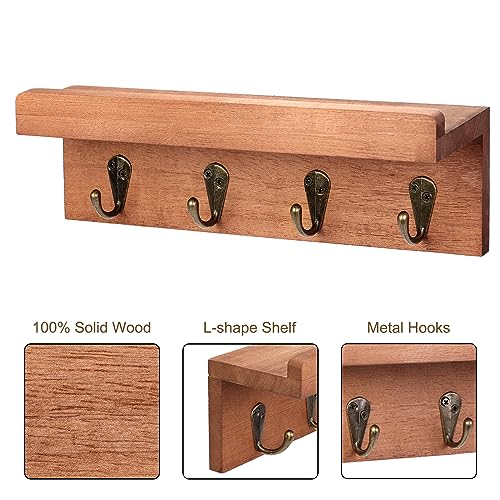 HRONRAD Rustic Key Holder for Wall, Farmhouse Wall Shelf with 4 Hooks, Wall Mounted Key Racks, Wooden Mail Organizer with Hooks for Entryway (Brown - Oak) - color: Brown - Oak