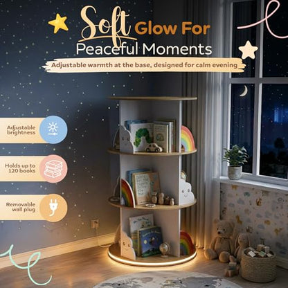 pimlyo® Rotating Bookshelf Kids with Removable Light, Spinning Book Shelf for Kids Rooms for Toddler Kid Room Storage, Small Wooden Round White Tower Bookcase for Nursery Bedroom Playroom Rooms