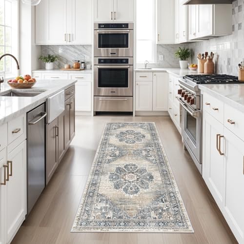 2x6 Hallway Runner Rug Washable: Soft Kitchen Rug Non Slip Runner with Rubber Backing for Living Room Bedroom Bathroom Non Shedding Farmhouse Carpet Runners (Blue, 2X6) - color: Blue, size: 2' x 6' (Rectangular)