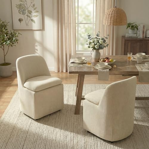 KISLOT Upholstered Dining Chairs with Casters, Washable Cover Modern Dining Room Chairs with Thick Cushion & Sturdy Metal Frame for Kitchen, Living Room, Dressing Room, Sand Fabric, Set of 2 - color: Sand, size: set of 2