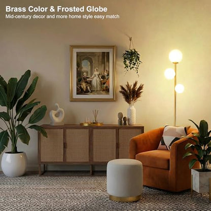 Fiqevs 3 Globe Floor Lamp Mid Century Modern, Gold Standing Lamp with Frosted Glass Shade & LED Bulbs, Tall Pole Light with Foot Switch for Living Room Bedroom Office - Antique Brass - color: 3 Globe- Gold