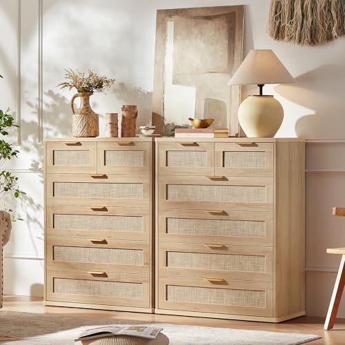 LEYAOYAO Rattan Dresser for Bedroom, 41" Tall Chest of Drawers | Gold Metal Handle, Oak Modern 6 Drawers Boho Dressers with Storage for Living Room, Hallway - color: Natural Wood, size: 15.5"D x 31.5"W x 41"H (6 Drawers)