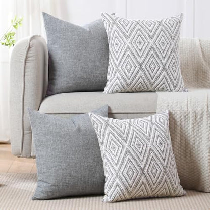 HPUK Throw Pillow Covers 18x18, Set of 4, Grey Textured Couch Pillow Covers | Polyester fabric, patterned and solid designs, hidden zippers, machine washable, for sofas and beds, inserts not included - color: Grey, size: 18" x 18" (Pack of 4)