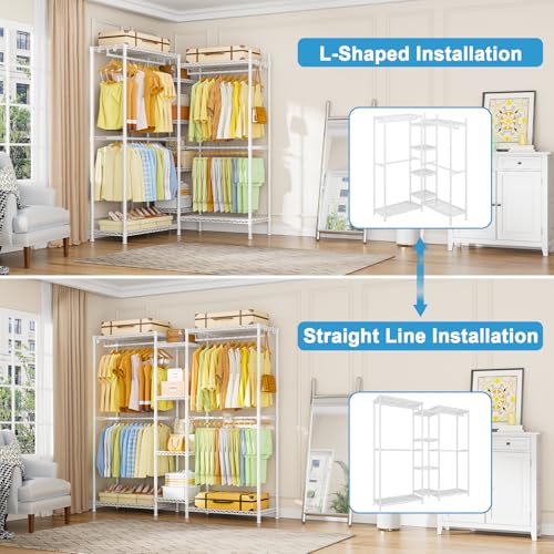 E4 Clothes Rack, Heavy-Duty Garment Rack, Metal Freestanding Clothing Organization Storage System Can Be L-shaped with Shelves and Hangers, Max Load 962lbs, 71.6" W x 14.5" D x 79.3" H, White | Metal Freestanding Clothing Organization Storage System with