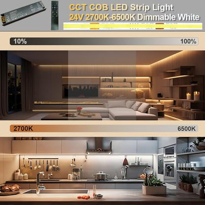 확산 CCT COB LED 조명 스트립, 5롤 x 9.1m(3.28피트), 2700K-6500K 조도 조절 가능, 스마트 변압기 지원 리모컨/앱/알렉사 음성 제어, 디스플레이 케이스, 책장, 주방 캐비닛 아래 DIY 조명 - color: 1.5롤 x 1.9m(3.28피트)